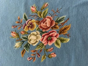 Bucilla Finished Needlepoint Floral Pillow Chair Tapestry Blue w Roses 22”x 23” - Picture 1 of 13