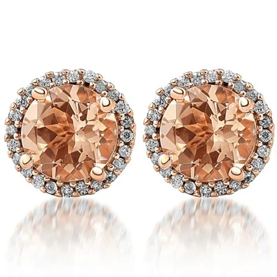 1 1/2 Ct Diamond & Morganite Rose Gold Halo Studs Screw Back Earrings Rose Gold - Image 1 of 4
