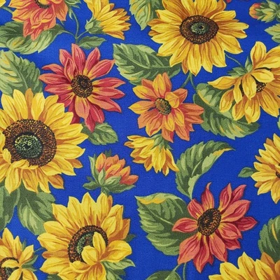 VIP CRANSTON SUNFLOWER BLUE Yellow Red fabric 100% Cotton 2+ Yards  - Image 1 of 4