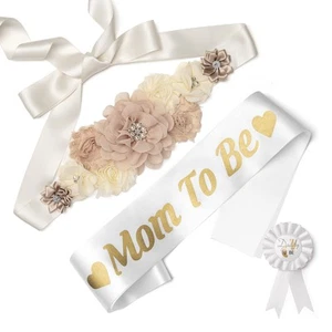 Baby Shower Maternity Sash Belly Belt, Mom to Be & Dad to Be Button Pin, Preg... - Picture 1 of 7