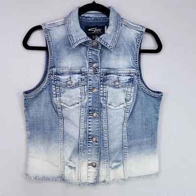 Chaleco vaquero plateado para mujer talla grande desgastado dobladillo crudo grunge Y2K Foto 1 de 4