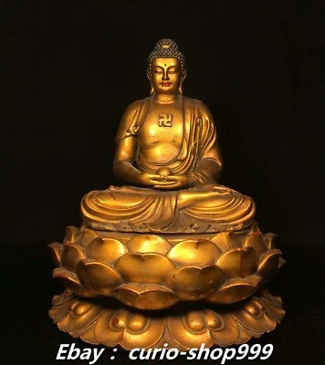 12"China Pure Bronze Gilt Shakyamuni Sakyamuni Amitabha Buddha Lotus Base Statue - Image 1 of 4