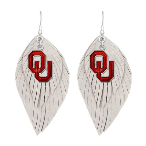 Oklahoma Sooners White Red Boho Leather Feather Wire Earrings Jewelry Gift OU Cover