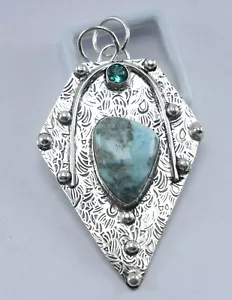 Uniquely Designed Sterling Silver Caribbean Larimar Gemstone Big Pendant Jewelry - Picture 1 of 5