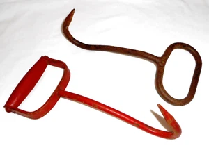 Vtg. Lot of 2: Hay Bale Hooks Rustic Farm Tool Primitive Iron Meat Ice Halloween - Picture 1 of 24