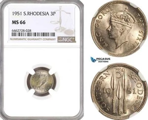 AH355, Southern Rhodesia (Zimbabwe) George VI, 3 Pence 1951, NGC MS66 - Picture 1 of 1
