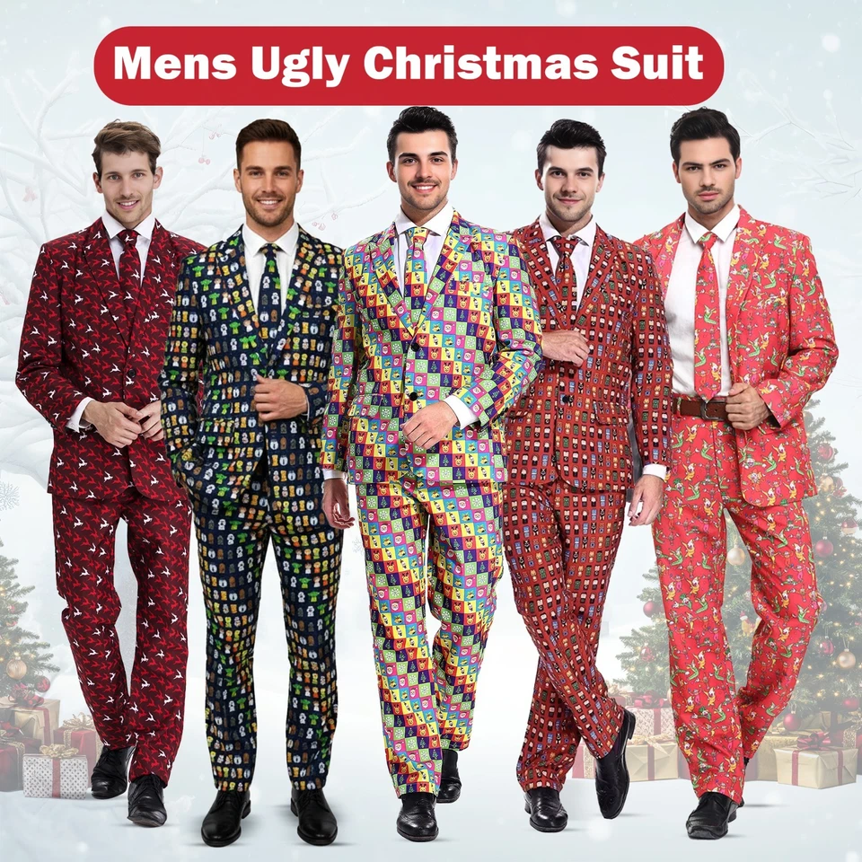 WICKEDFUN Mens Ugly Christmas Suit Funny Novelty Xmas Jacket Tie Pant Fancy Dress Outfit