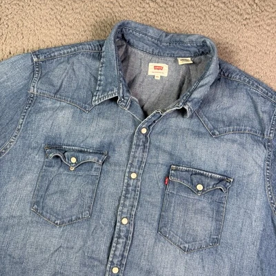 Levis Shirt Mens 2XL Blue Washed Denim Pearl Snap Western Work Short Sleeve - Image 1 of 4