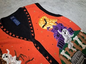 Basic Editions Halloween Vest Ghosts Haunted Trees Orange Black Women's Large - Picture 1 of 8