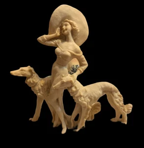 Lady Walking Borzoi Wolfhounds Figurine Sultana Art Deco Vintage Mexico - Picture 1 of 2