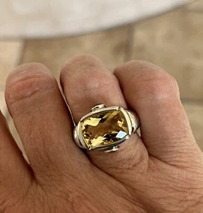 Sterling Silver Faceted Cushion Cut Citrine Ring with Two Faceted Round Citrines - Picture 1 of 23