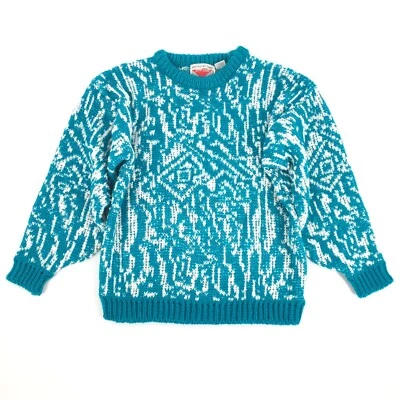 VTG 1980s Justin Allen Hand Knitted Pullover Crewneck Sweater L Teal Blue White - Image 1 of 4