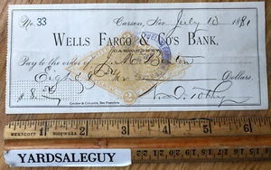 Original 1891 Check WELLS FARGO & Co's BANK Ephemera Carson NV Internal Revenue - Picture 1 of 2