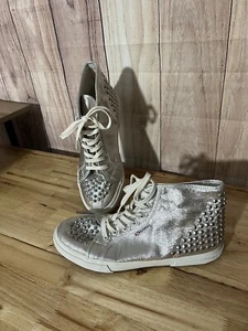Superga Womens 9 US High Tops Silver Glitter Studded lace up - Picture 1 of 9