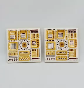 Wenczel Geometric Abstract Vintage Ceramic Tile Mustard Yellow Brown Lot of 2 - Picture 1 of 7