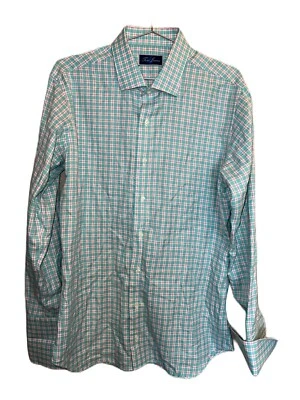 Tom James Mens Pastel Blue Pink Checked Dress Shirt 17” Neck 23.5” PtP USA Made - Image 1 of 4