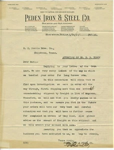 1912 HOUSTON TEXAS LETTERHEAD, PEDEN IRON & STEEL (HARDWARE) CO. - Picture 1 of 2