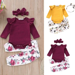 Newborn Baby Girl Outfits Floral Romper Bodysuit Pants Headband Clothes Set - Picture 1 of 12