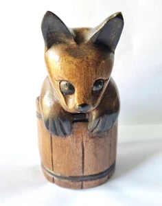 Wood Feline Cat Kitten Statue Seated Sit In Bucket Brown Decor Hand Carved 6" - Picture 1 of 15