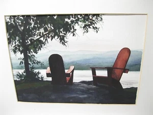 Sue Sweterlitsch Vermont Watercolor Painting Adirondack Chairs Basin Harbor Club - Picture 1 of 7