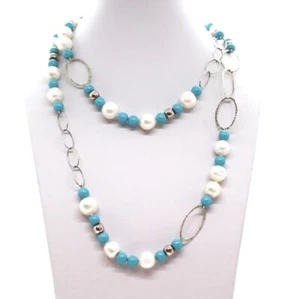 Collier en Argent 925 À Chaîne Avec Sphères Turquoise Et Perles - Picture 1 of 4