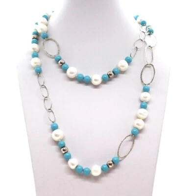 Collana in Argento 925 a Catena con Sfere Turchesi e Perle - Immagine 1 di 4
