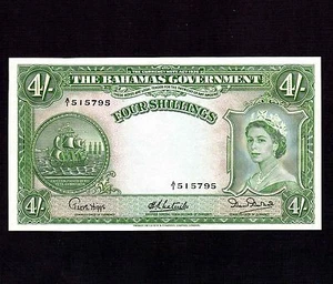 Bahamas 4 Shillings 1953 P-13a * AU * Queen Elizabeth * First Signature * - Picture 1 of 2