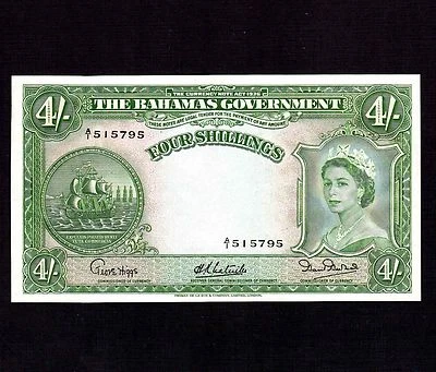 Bahamas 4 Shillings 1953 P-13a * AU * Queen Elizabeth * First Signature * - Image 1 of 2