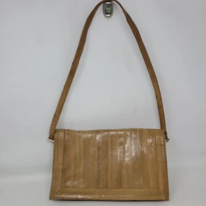 Korean Eel Skin LeatherTan VTG Shoulder Bag Clutch Crossbody Removable Strap 80s - Picture 1 of 7