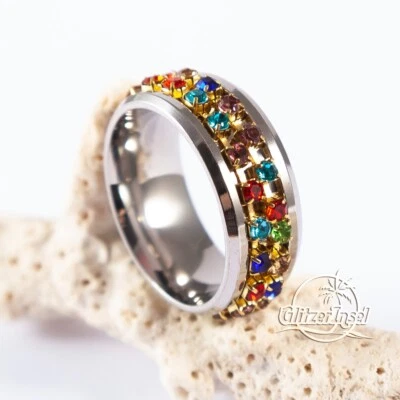 Edelstahl Damen Drehring Damenring Spinner Ring Strass Gr.54 GlitzerInsel 00660 - Bild 1 von 4