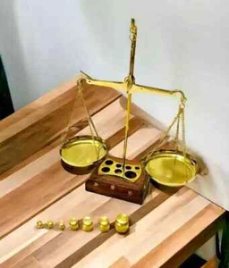 Antique Reproduction Polished Brass Balance Pharmacist Solid Scales Wood Base - Picture 1 of 5