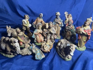 15 piece Vintage ITALY old NATIVITY SET Holy Family Kings Shepherd Cow Donkey - Picture 1 of 23