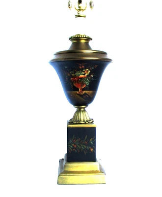 Vintage Urn Table Lamp Black w/ Gold & French Floral Tole Metal Rewired - Image 1 of 4