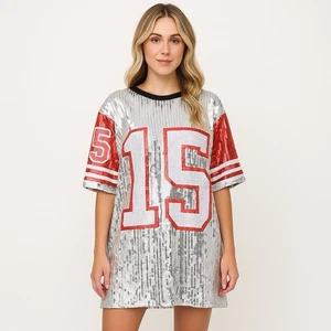 Game Day Sequin Football Jersey Dress Silver Red 15 Oversized Sparkle - Picture 1 of 6