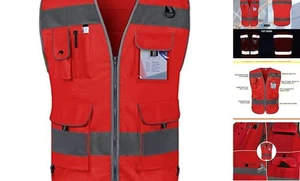  Safety Vest for Men Women 9 Pockets High X-Large Red Fabric-bison 001 - Picture 1 of 6