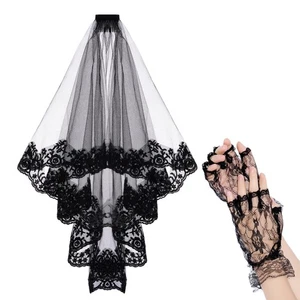 Black Lace Floral Wedding Veil with Comb and Gloves for Women Brides Cosplay - Picture 1 of 7