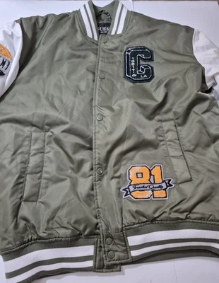 GUESS OLIVE GREEN SMALL TYLER VARSITY PATCH LOGO BOMBER JACKET MENS NWT NEW RARE - Image 1 of 4