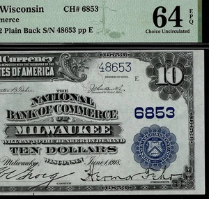 1902 $10 The N.B. of Commerce Milwaukee Wisconsin Ch#853 PMG 64 EPQ (IXJ) - Picture 1 of 4