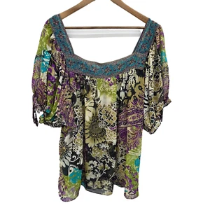 Beige By ECI Womens Sheer Floral Paisley Top Blouse 3X Square Neck Boho Fairy - Picture 1 of 8