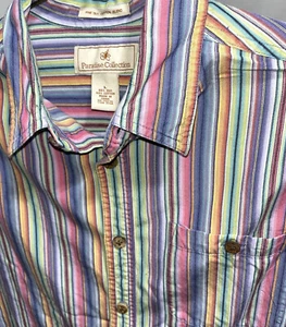 paradise collection hawaiian shirt 100% SILK L Striped Wooden Button Short Men’s - Picture 1 of 4