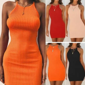 Summer Women Ribbed Bodycon Mini Dresses Ladies Strappy Clubwear Party Dress - Picture 1 of 39