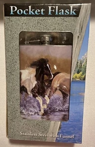 FLASK POCKET HORSE THEME LIQUOR BAR STAINLESS STEEL W/FUNNEL NEW IN BOX - Picture 1 of 8
