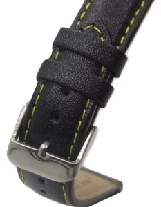 18mm Italian Genuine Leather Italy Black Smooth Yellow Stitch Watch Band Strap - Picture 1 of 3