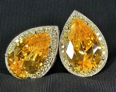 Huge Elegant Pear Cut Canary Yellow CZ Pierced Earrings Gala - Image 1 of 4