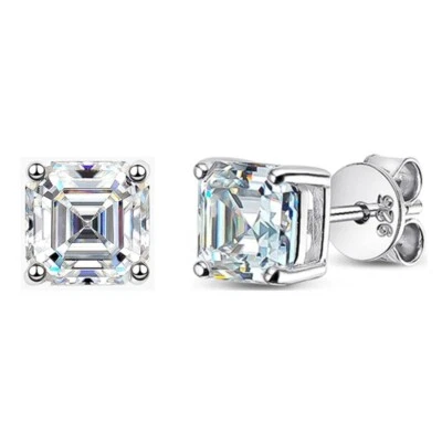 1ct D VVS1 Asscher Cut Real Moissanite Stud Earrings 18K White Gold Plated W/GRA - Image 1 of 4