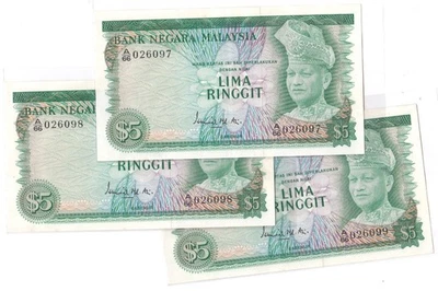 Mazuma *M5818 Malaysia Ismail 2nd $5 A/66 026097-099 3 Running AU *Foxing - Image 1 of 3