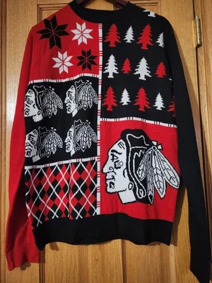 Chicago Blackhawks Patches NHL Crew Neck Ugly Sweater Adult Size M Christmas - Image 1 of 4