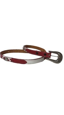 Cinturón Nocona Cuero Rojo y Blanco Plata Caracola Acentos y Hebilla Talla 30 Cinturón Foto 1 de 4