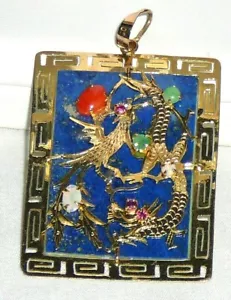 PRICED TO SELL! Lapis and multi-colored gem pendant, 18K gold dragon pendant - Picture 1 of 2