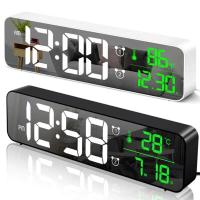 Digital Alarm Clock Large LED Mirror Display Temperature Date Bedside Wall Clock - Image 1 of 4